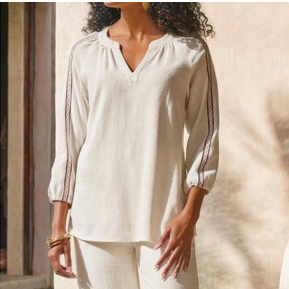 Soft Surroundings Size Small Linen Pullover Embroidered Tunic Top Blouse